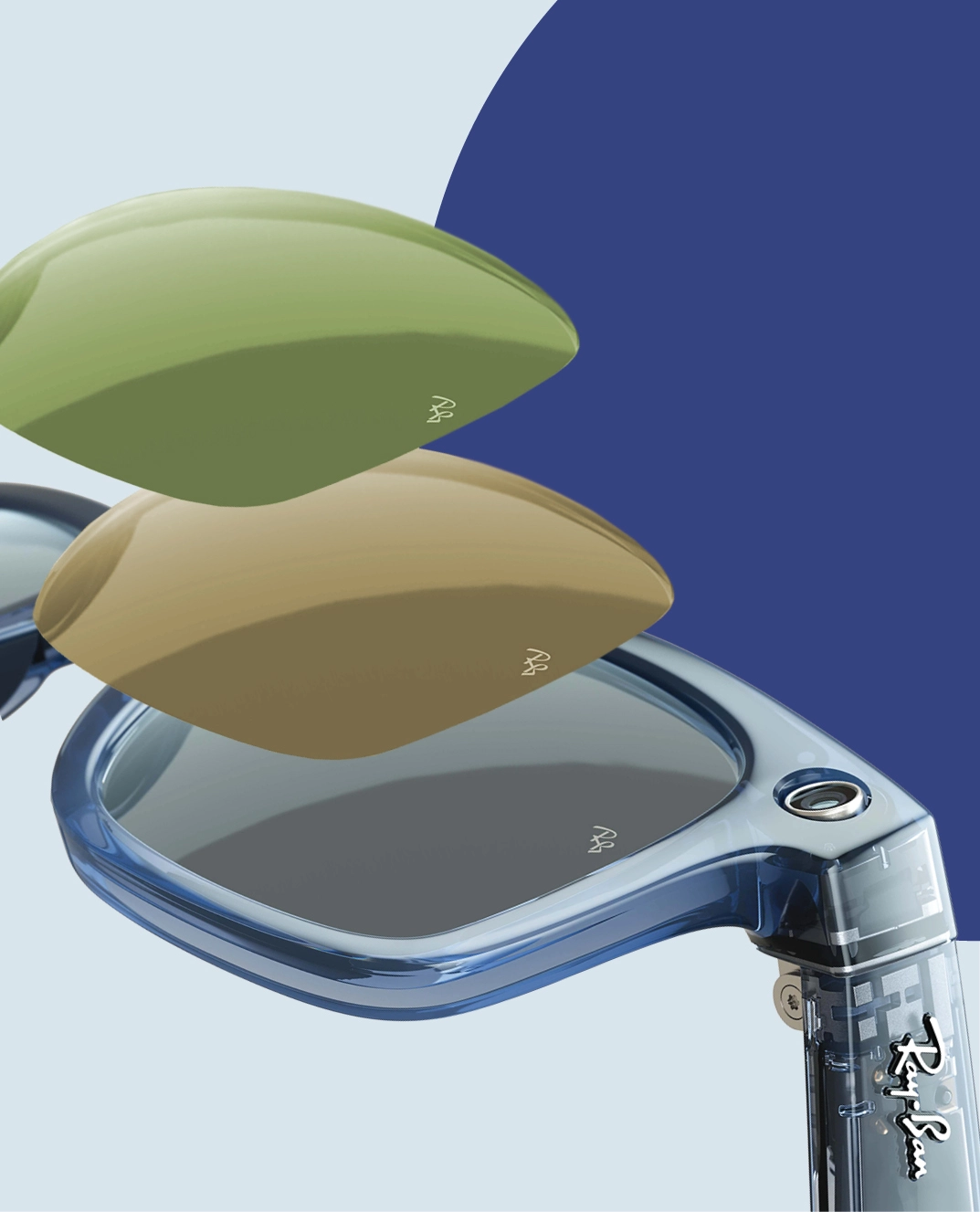 Exploded view of two replacement lenses floating above a translucent blue Ray-Ban frame with a navy semicircle background, showing lens shapes and frame detail.