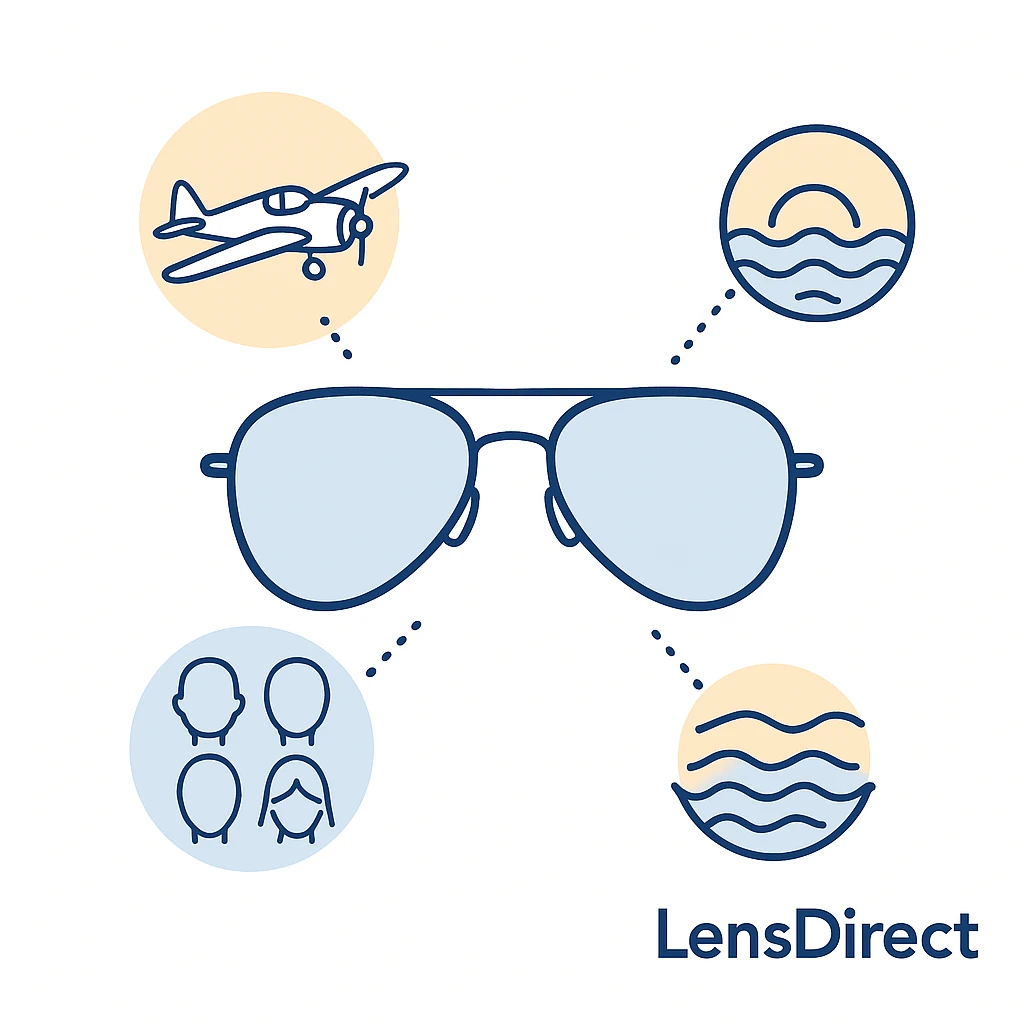 Illustration of aviator sunglasses with icons of a plane, face shapes, and waves connected by dotted lines and LensDirect logo.