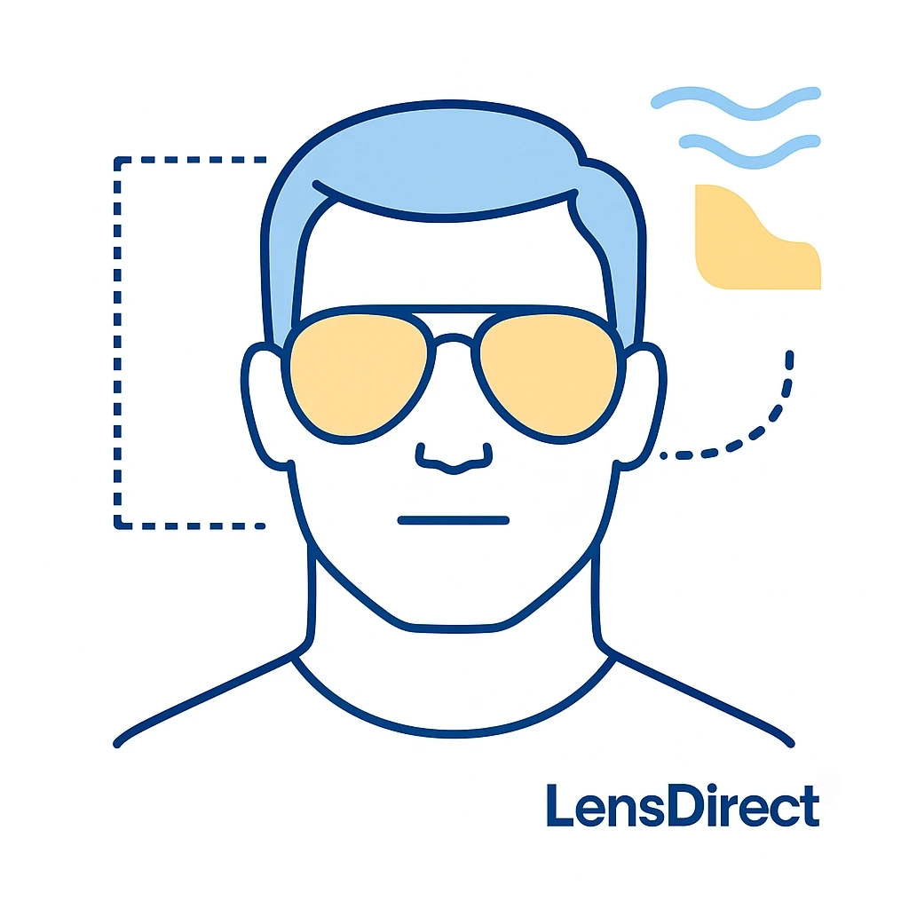 Square face with rounded aviator frames and dotted lines illustrating softened angles plus LensDirect logo.