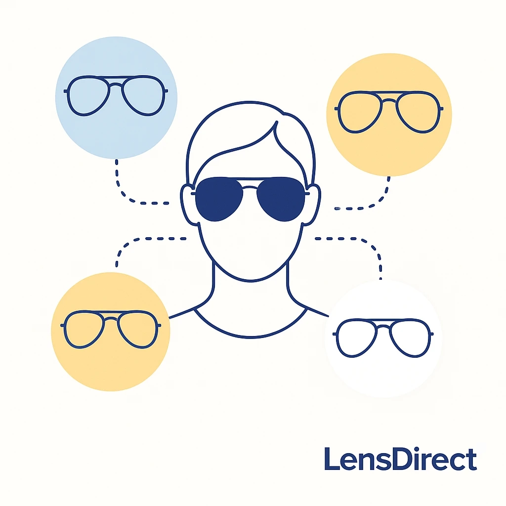 Oval face surrounded by multiple aviator styles connected by dotted lines and LensDirect logo.