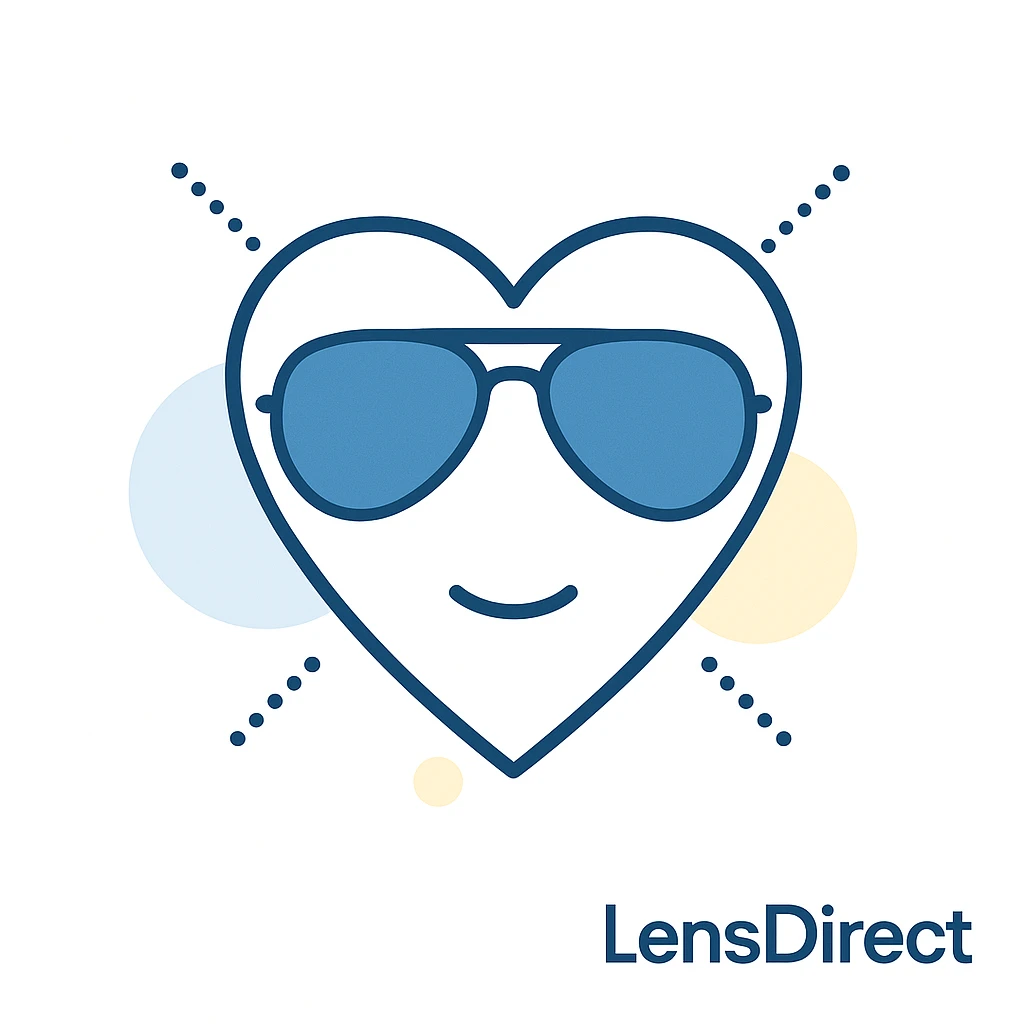 Heart-shaped face wearing aviators with tapered frames and dotted lines plus LensDirect logo on white background.