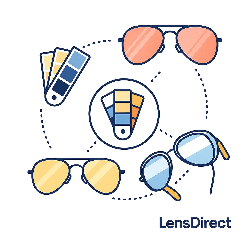 Palette of aviator sunglasses with varied tints and materials arranged around color swatches with dotted lines and LensDirect logo.