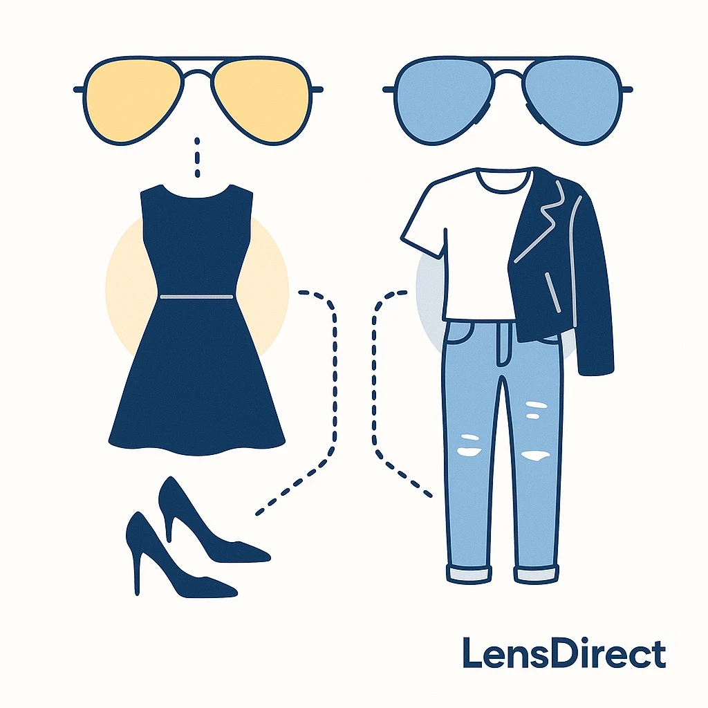 Little black dress and casual jeans outfits paired with aviators connected by dotted lines and LensDirect logo.