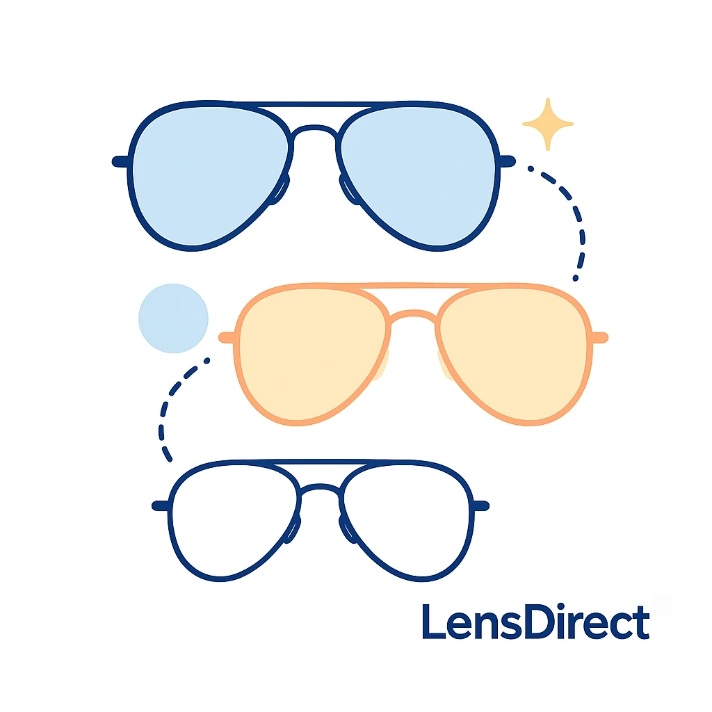 Premium aviator sunglasses in metal and acetate with luxury sparkles and dotted-line connections alongside LensDirect logo.