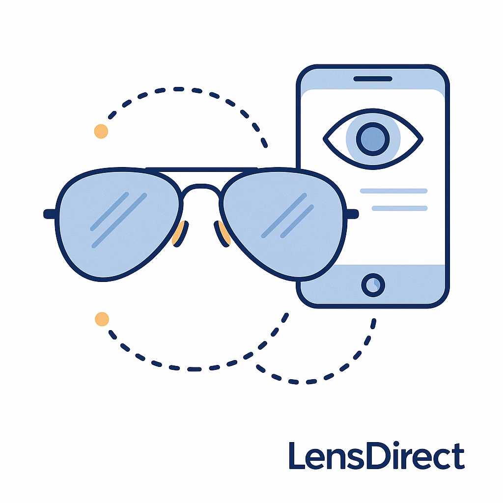 Prescription aviators with smartphone app for customization connected by dotted lines and LensDirect logo.