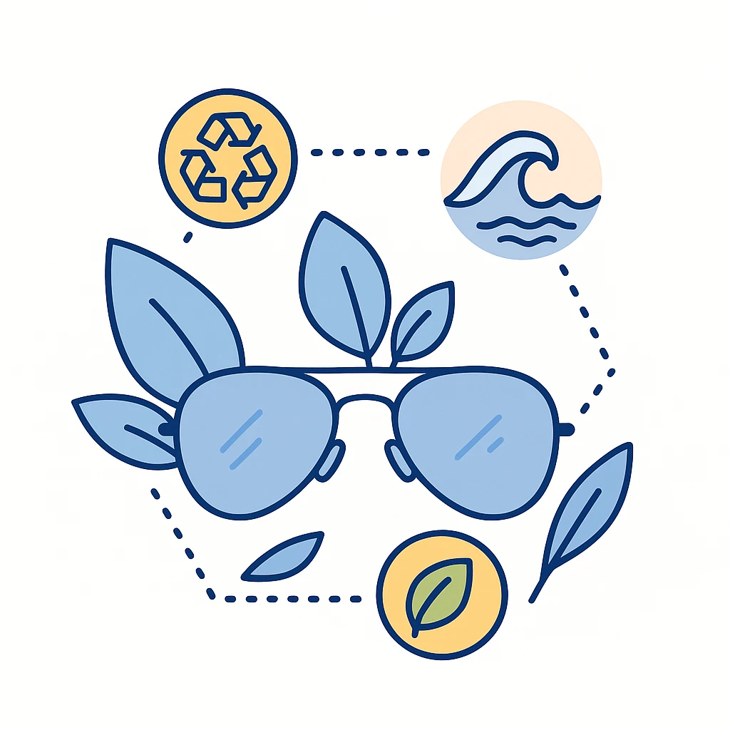 Aviators surrounded by leaves with recycling and ocean icons connected by dotted lines representing sustainable materials.