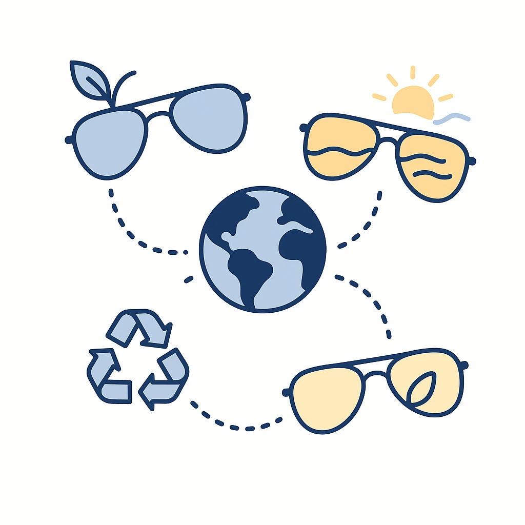 Three eco-friendly aviator pairs with leaf, sun, and recycling icons connected by dotted lines to a central globe.