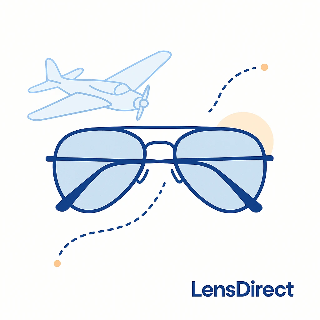 Aviator sunglasses with thin frames and a vintage airplane outline connected with dotted lines and the LensDirect logo on white background.