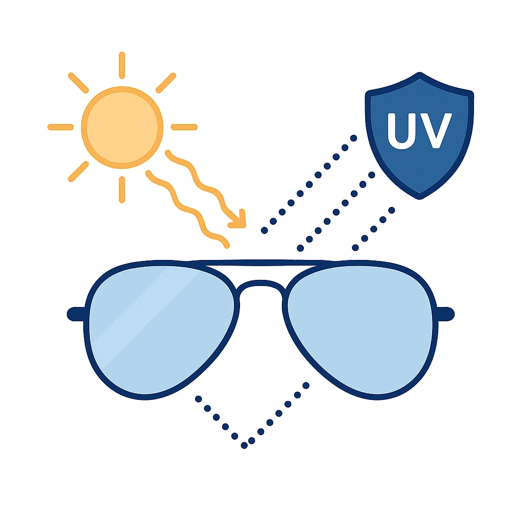 Sun rays blocked by a UV shield and aviator sunglasses connected by dotted lines on a white background.