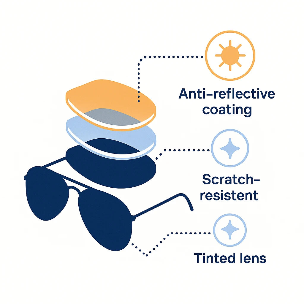 Exploded view of aviator lens layers showing anti-reflective, scratch-resistant and tinted coatings with dotted lines.