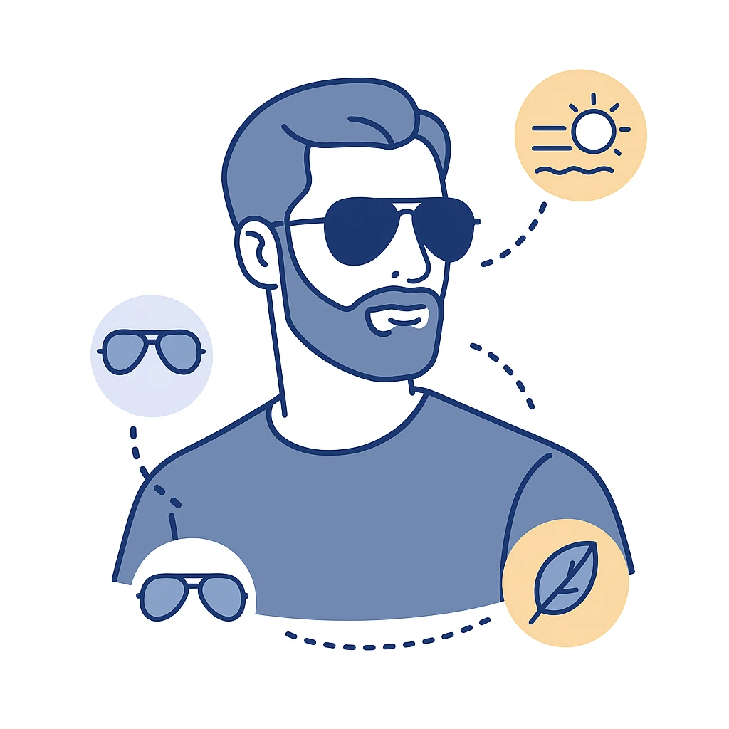 Bearded man wearing aviators with icons for durability, eco-friendliness and style connected by dotted lines on white.