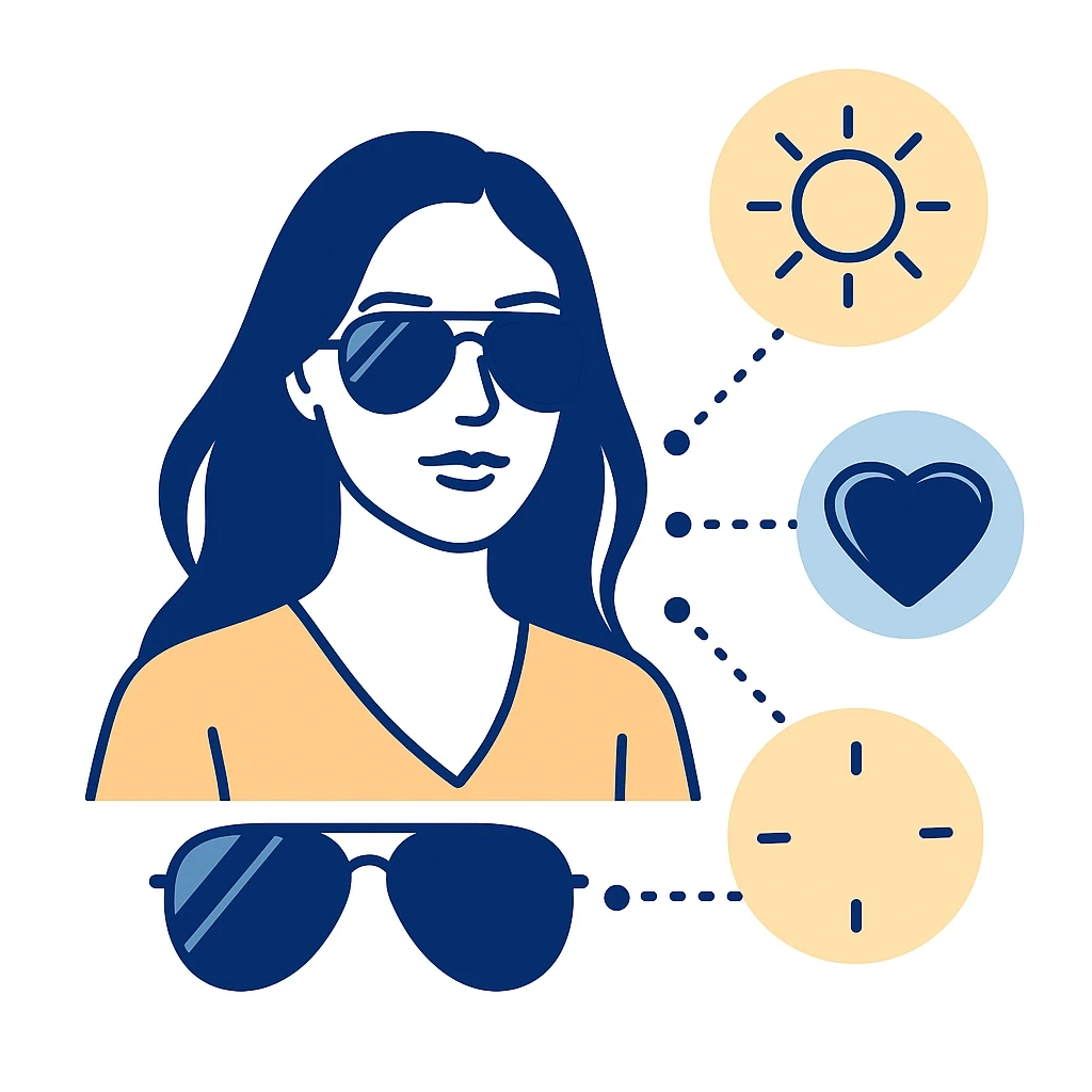 Stylish woman with oversized aviator sunglasses and icons for UV protection and design connected by dotted lines.