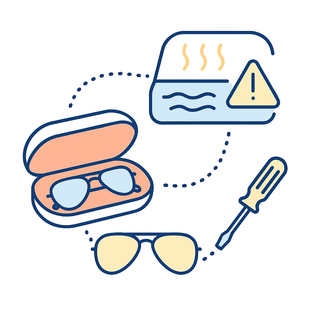 Protective case, hot dashboard warning and screwdriver icons connected by dotted lines with aviator sunglasses.