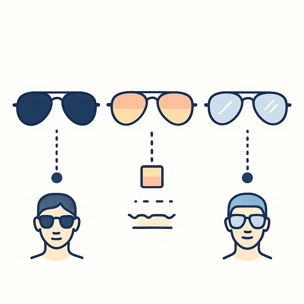 Three aviator lenses showing tinted glass, gradient and mirrored finishes with icons connected by dotted lines.