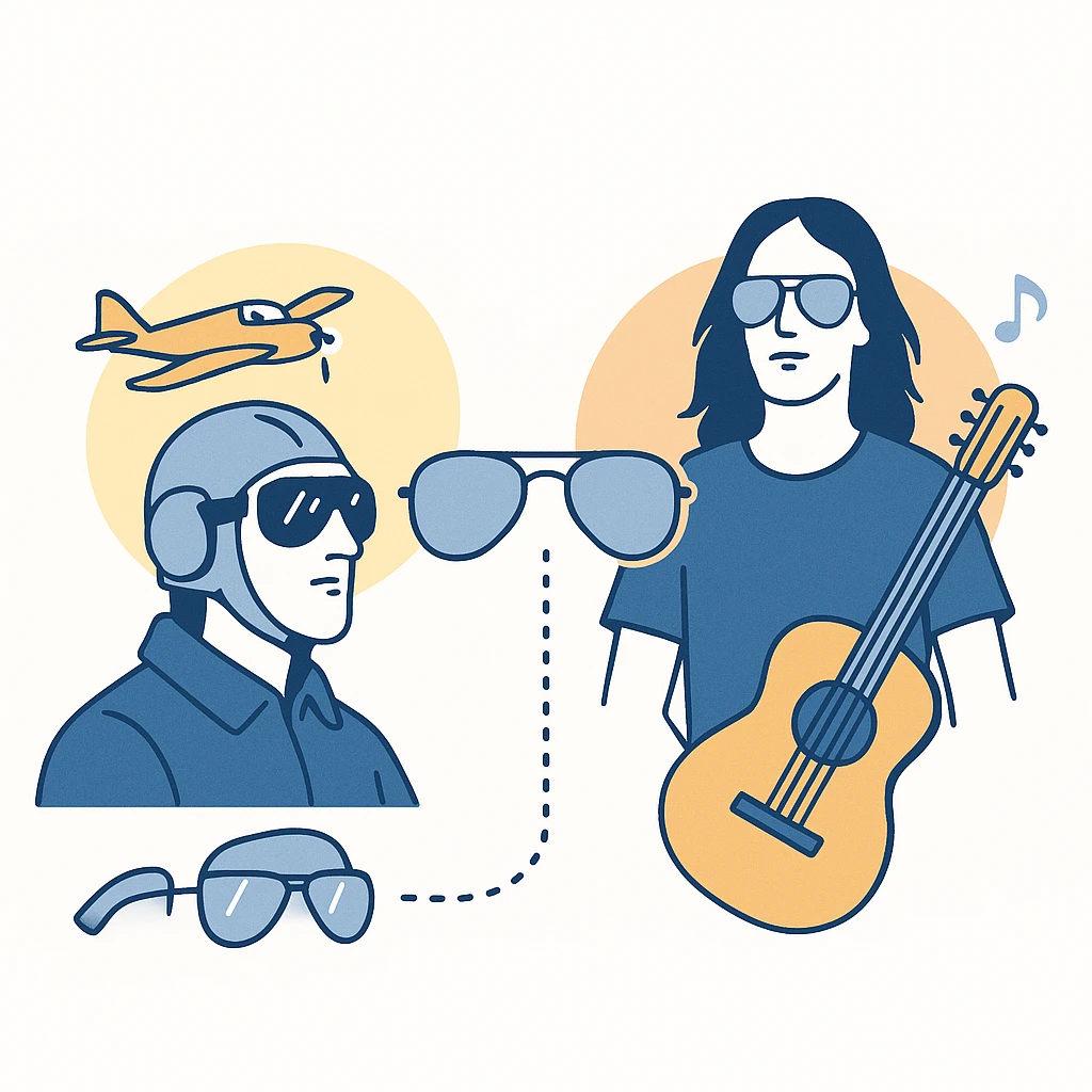 Vintage pilot and rock musician wearing aviators connected by dotted lines and a timeline in minimal line art.