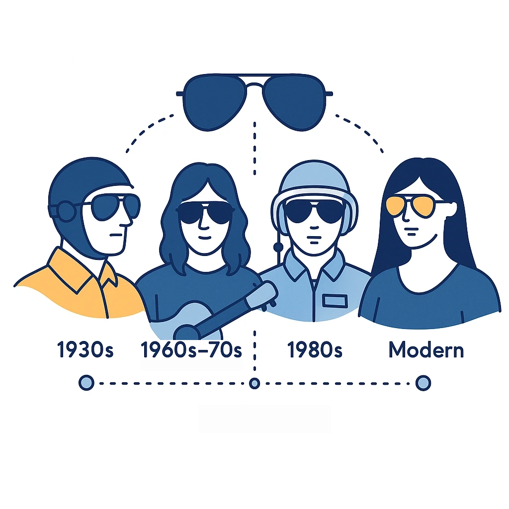 Timeline of 1930s pilot, 1960s rock star, 1980s aviator and modern model connected by dotted lines.