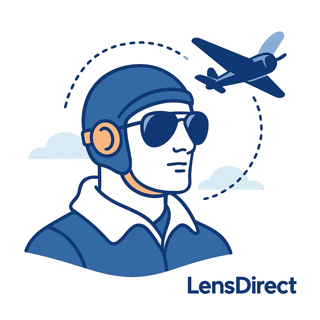 1930s pilot wearing aviator sunglasses with vintage plane and dotted lines plus LensDirect logo on modern minimal background.