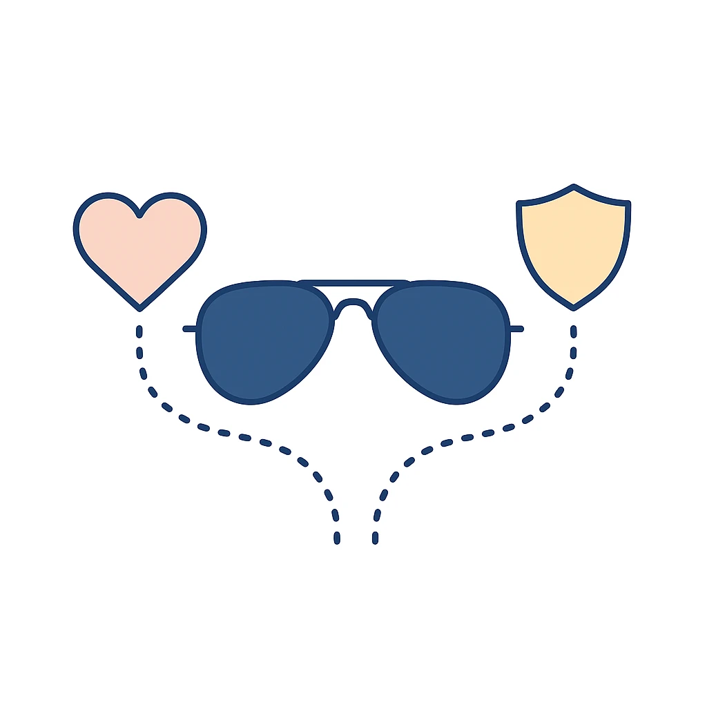 Aviator sunglasses flanked by heart and shield icons connected by dotted lines representing style and protection.