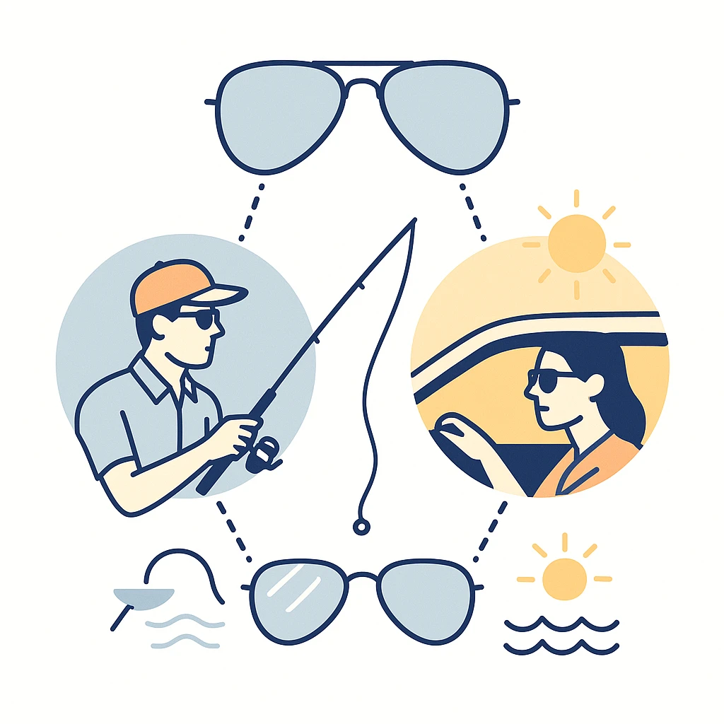 People fishing and driving with aviator sunglasses linked to a pair of aviators by dotted lines, illustrating glare reduction.