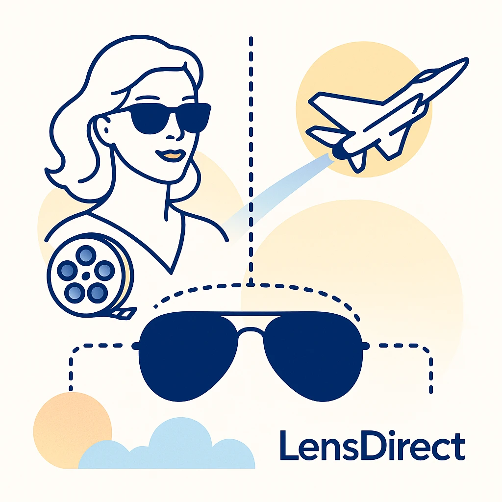 Stylized actress and jet fighter with aviator sunglasses connected by dotted lines and LensDirect logo on white background.