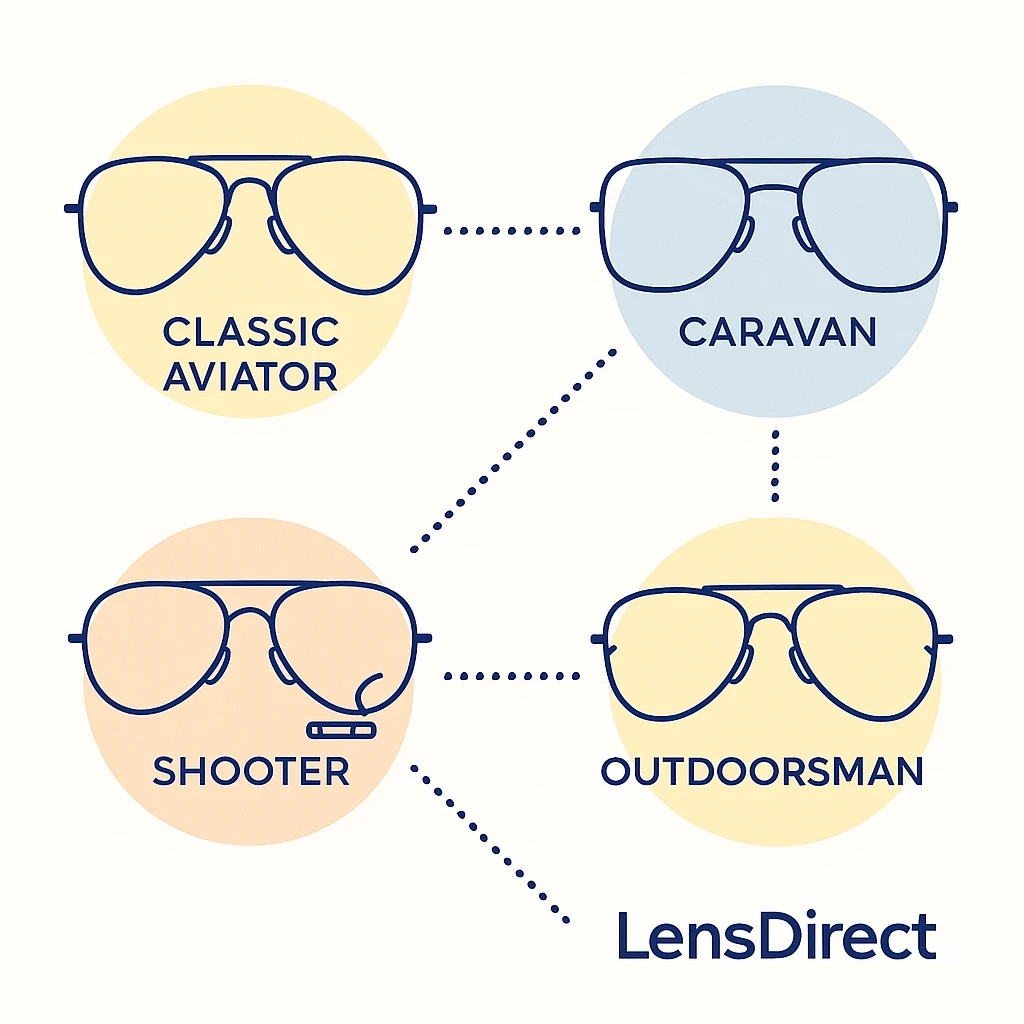 Grid of four aviator styles—Classic, Caravan, Shooter, Outdoorsman—with dotted connections and LensDirect logo.