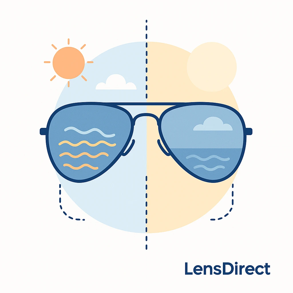 Split-screen showing glare vs clear view through polarized aviator sunglasses with dotted lines and LensDirect logo.