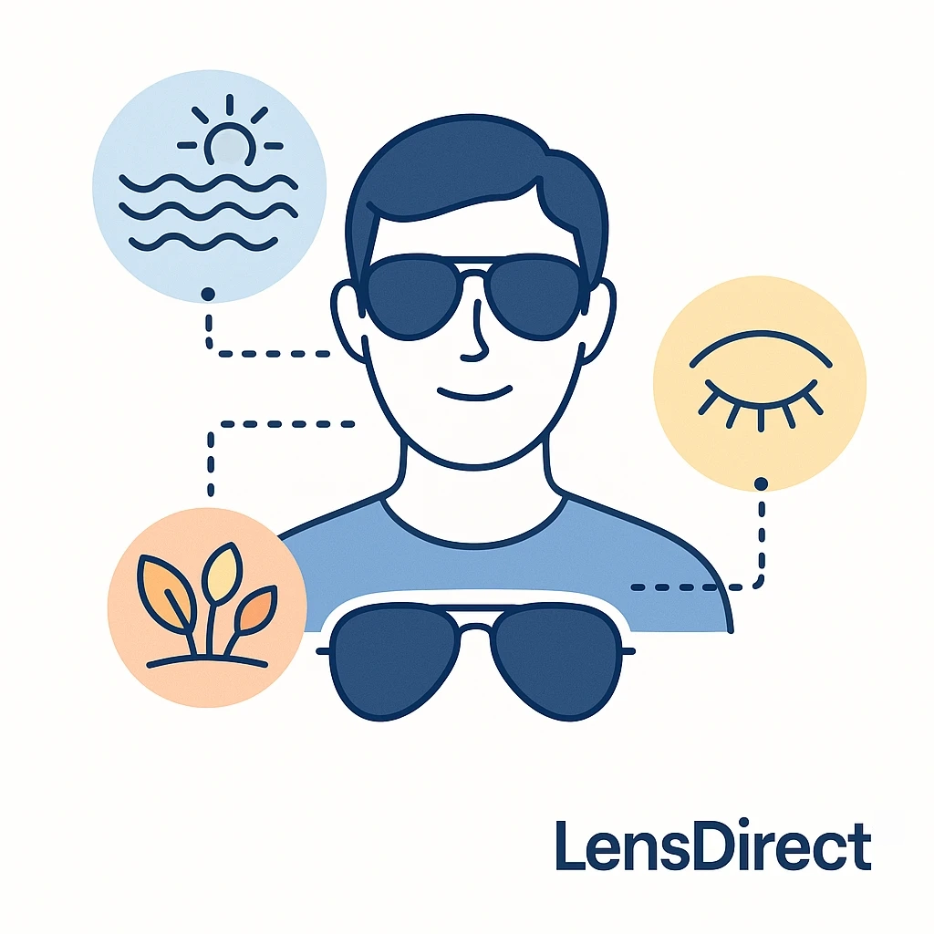 Person wearing aviators with icons for reduced glare, enhanced colors, and eye comfort connected by dotted lines and LensDirect logo.