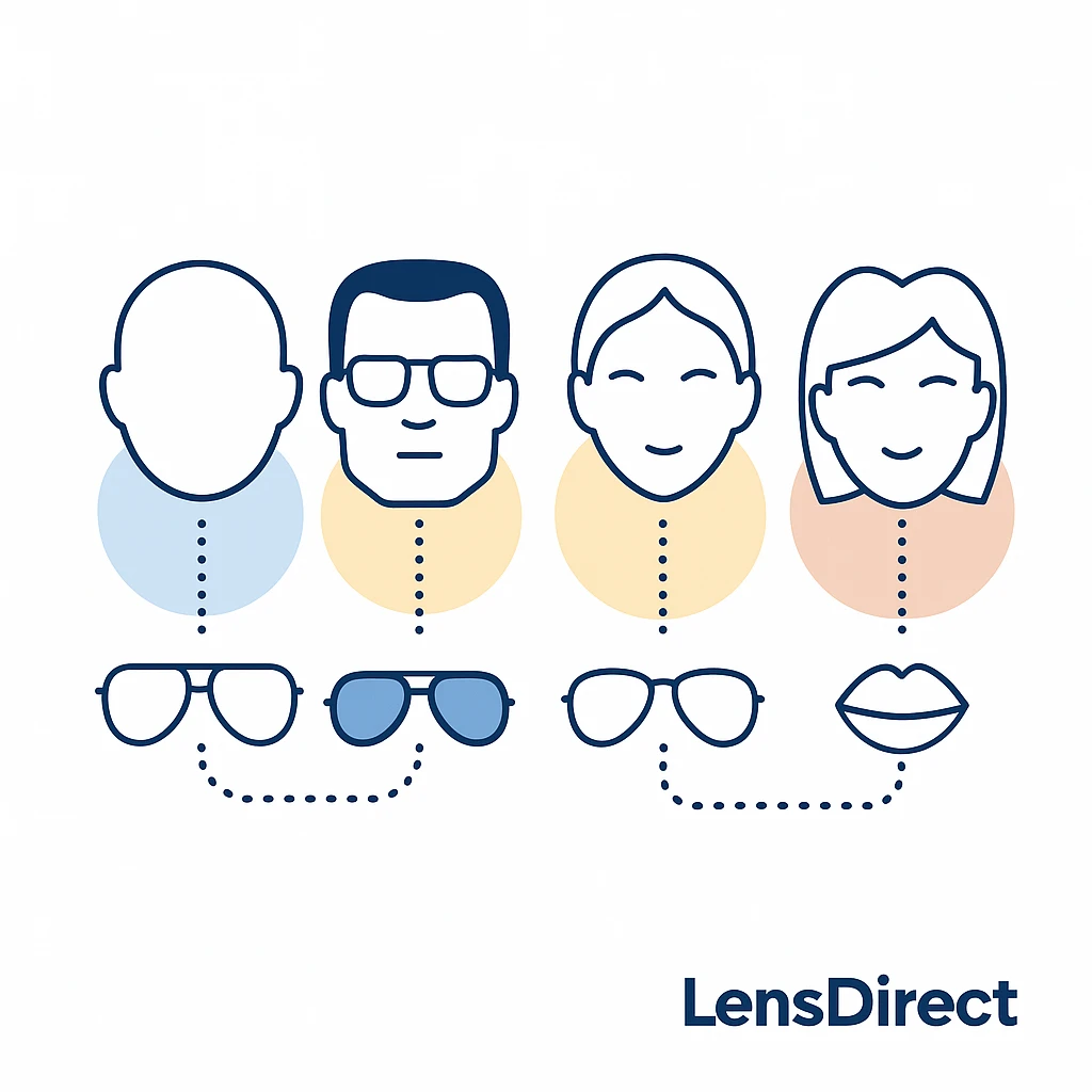 Four head shapes linked to matching aviator styles using dotted lines with LensDirect logo on a white background.