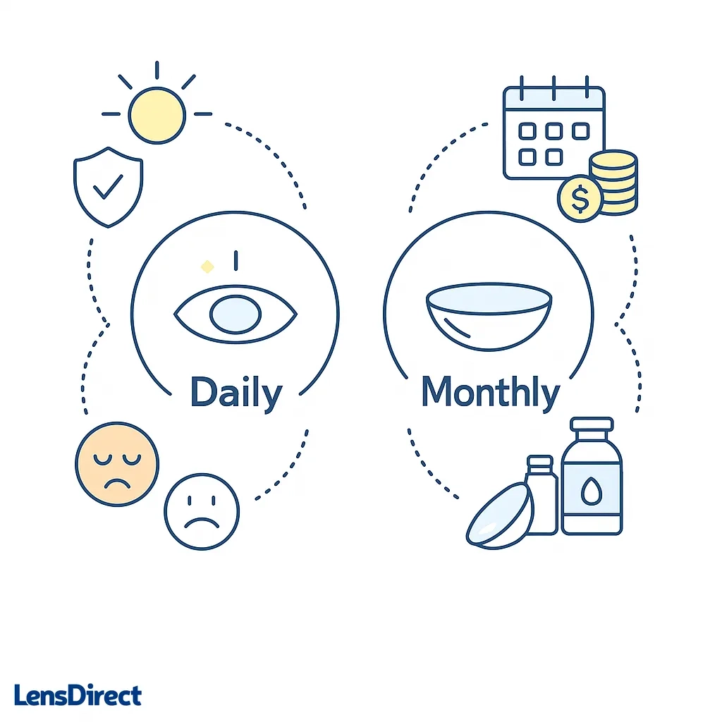 Illustration compares daily and monthly contact lenses with icons for hygiene, cost, comfort and maintenance.