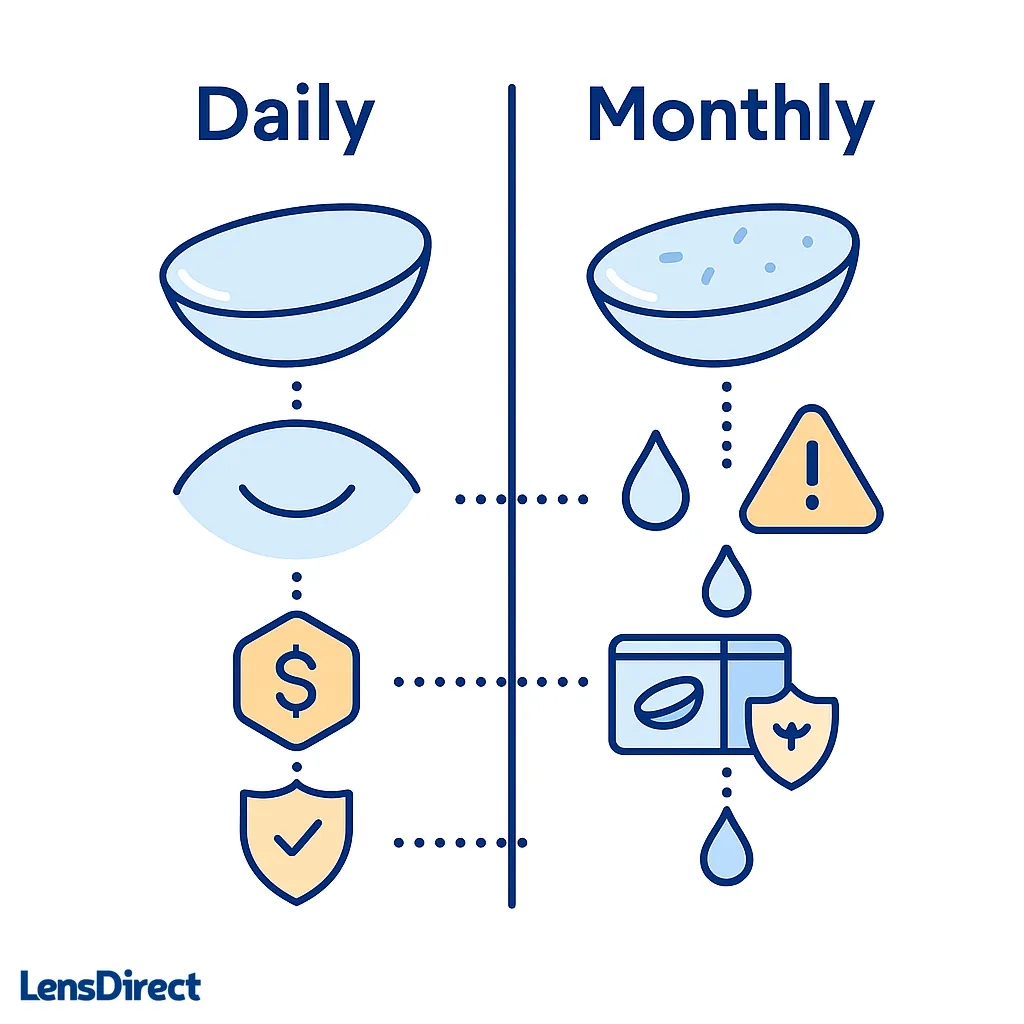 Side-by-side illustration compares fresh moist contact lens with a worn lens indicating comfort and health differences.