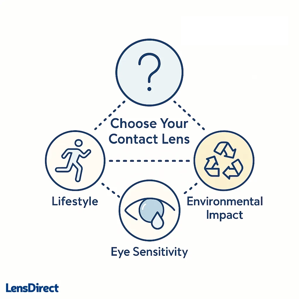 Flowchart guides users to choose daily or monthly lenses based on lifestyle, eye sensitivity and environmental impact.