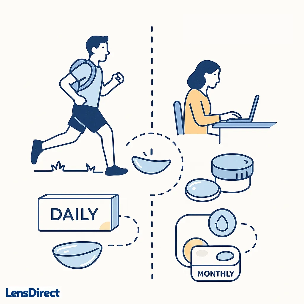 Image contrasts an active person using daily lenses with a desk worker using monthly lenses.