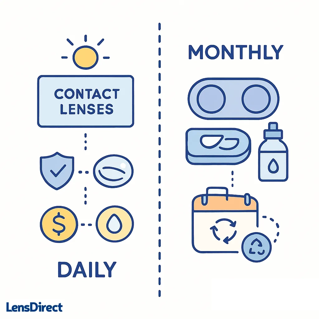Infographic compares daily and monthly contact lens features including safety, cost and moisture factors.