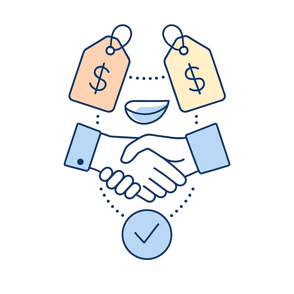 Graphic depicts price tags and handshake with a check mark symbolizing a price match guarantee.