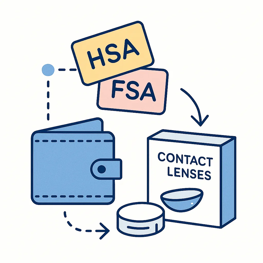 Image shows HSA and FSA cards coming out of a wallet with a contact lens box indicating payment with tax-advantaged funds.