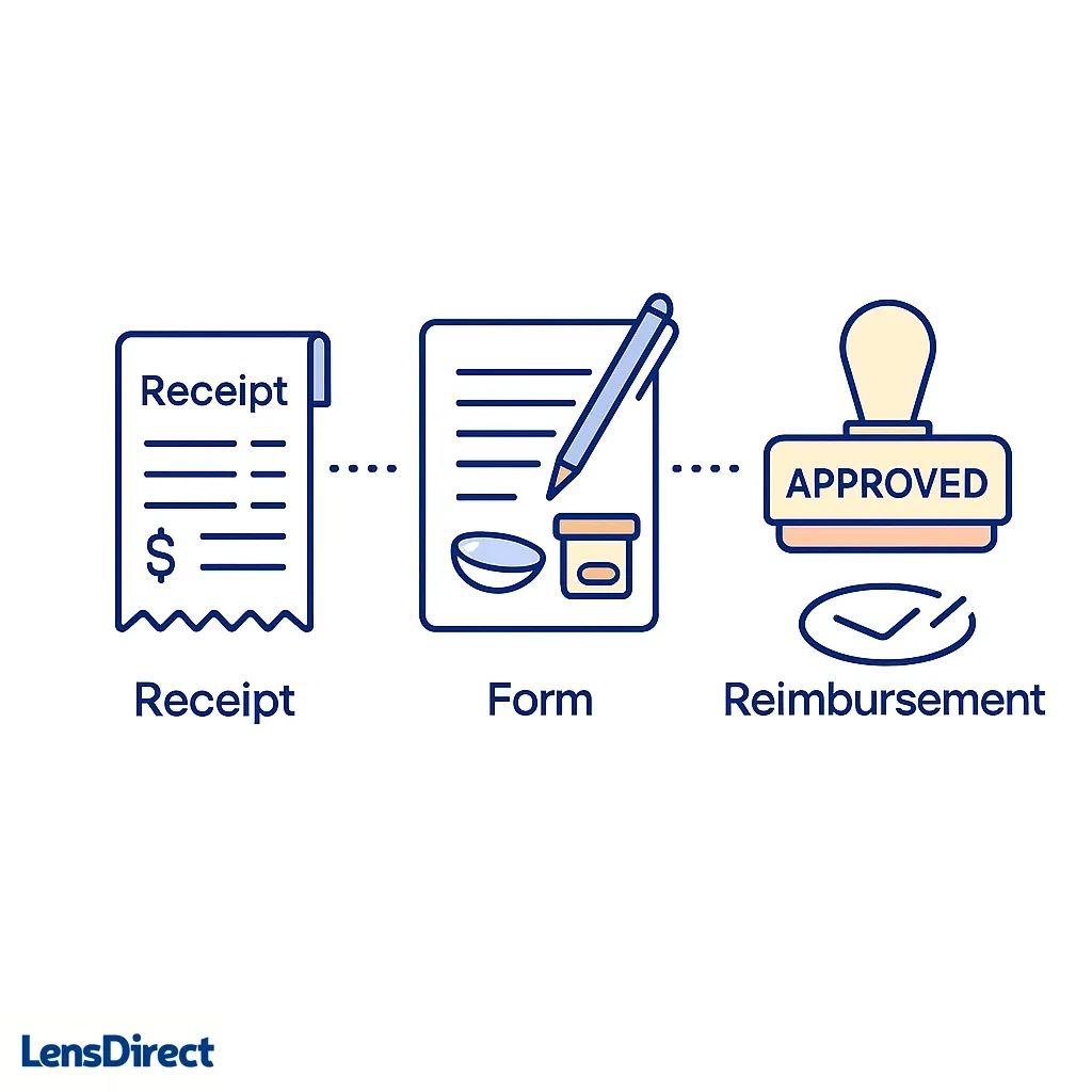 Sequence of icons shows receipt, form and approved stamp illustrating the insurance reimbursement process.