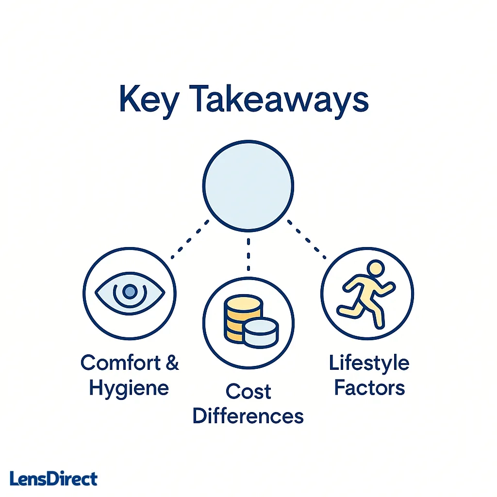 Infographic highlighting comfort and hygiene benefits, cost differences and lifestyle factors for contact lens wearers.