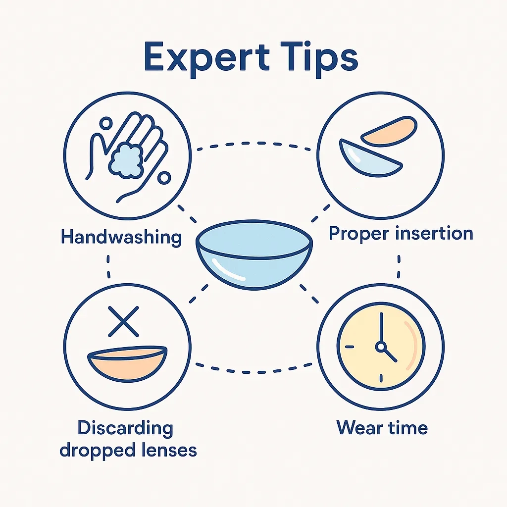 Central lens icon surrounded by icons for handwashing, proper insertion, wear time and discarding dropped lenses.