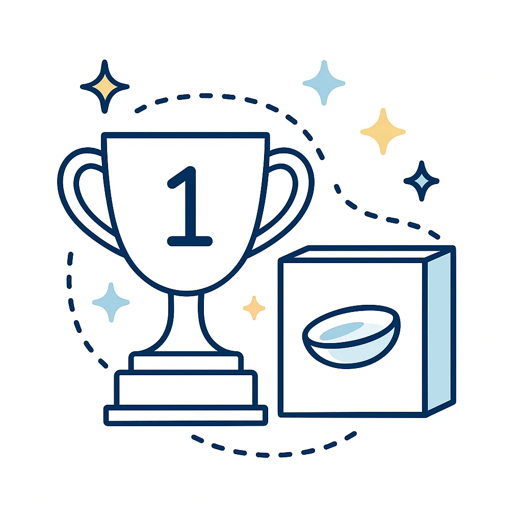 Trophy with number one and contact lens box surrounded by stars celebrating award-winning contact lens service.