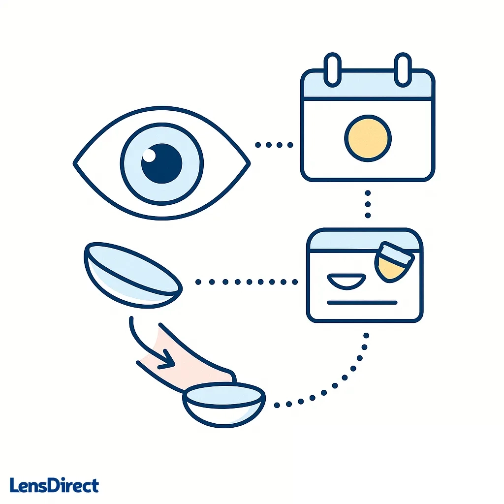 Diagram shows how a daily disposable lens is worn for one day and then discarded with calendar and trash icons.