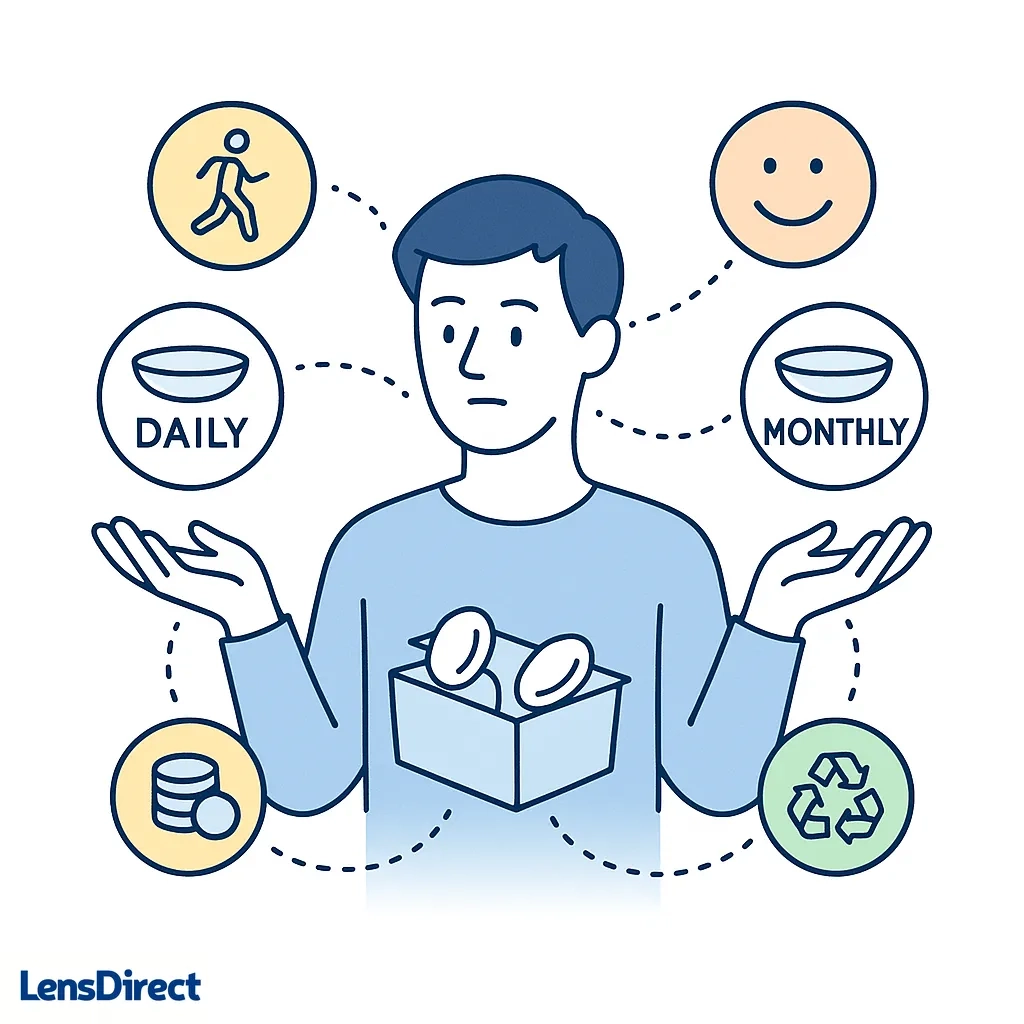 Person weighs daily and monthly lenses with icons for lifestyle, cost, comfort and environment representing final decision.