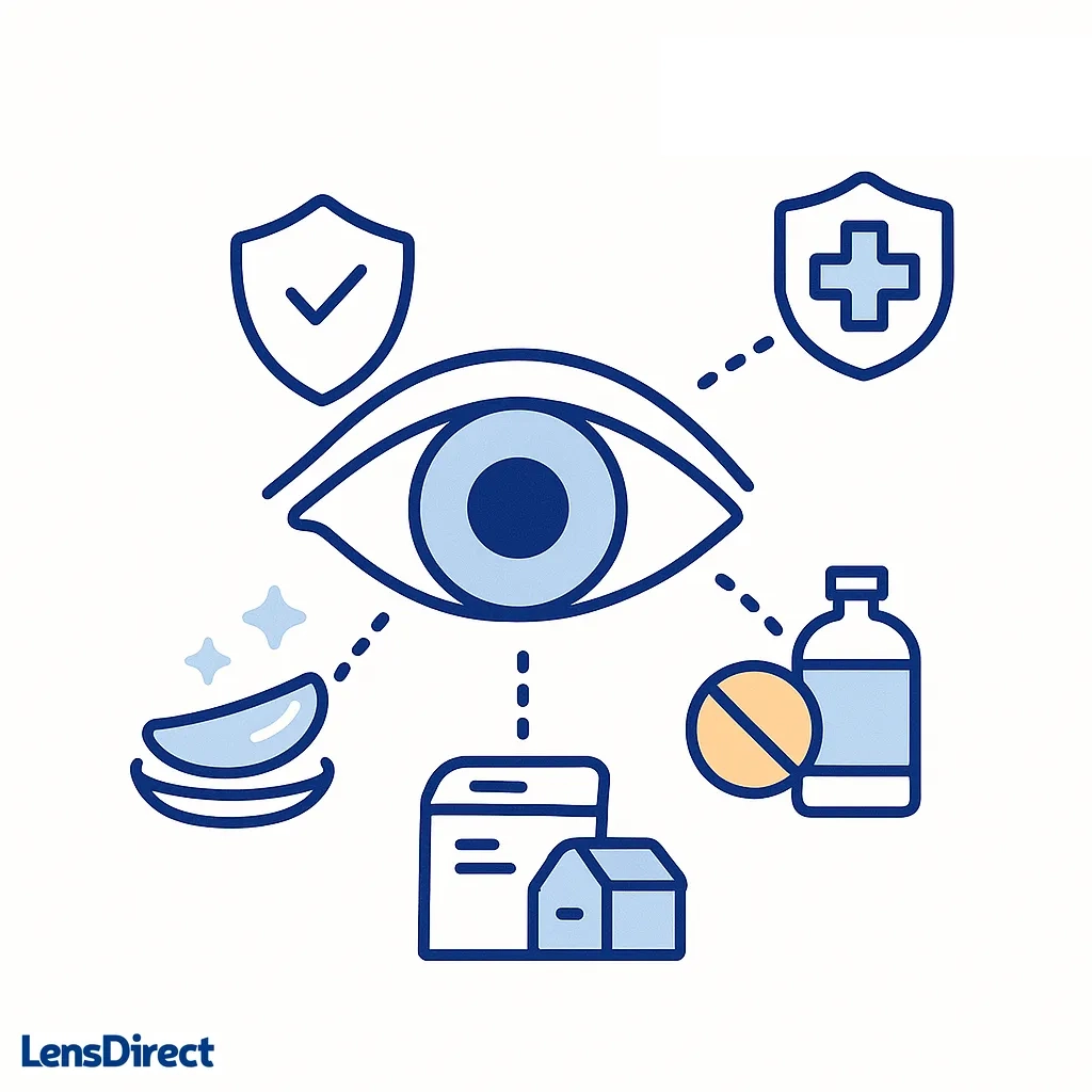 Graphic shows a healthy eye with protection shield, clean contact lens and no cleaning solution representing daily lens benefits.