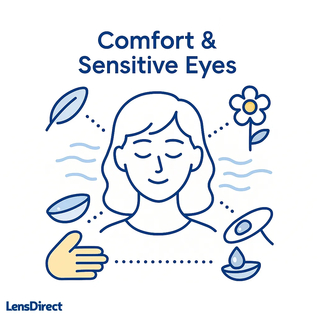 Image depicts a serene person with closed eyes surrounded by feather and flower icons symbolizing comfort for sensitive eyes.