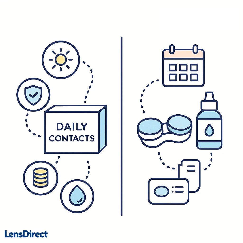 Split image shows daily contacts box with sun and monthly lens case with cleaning solution to compare usage.