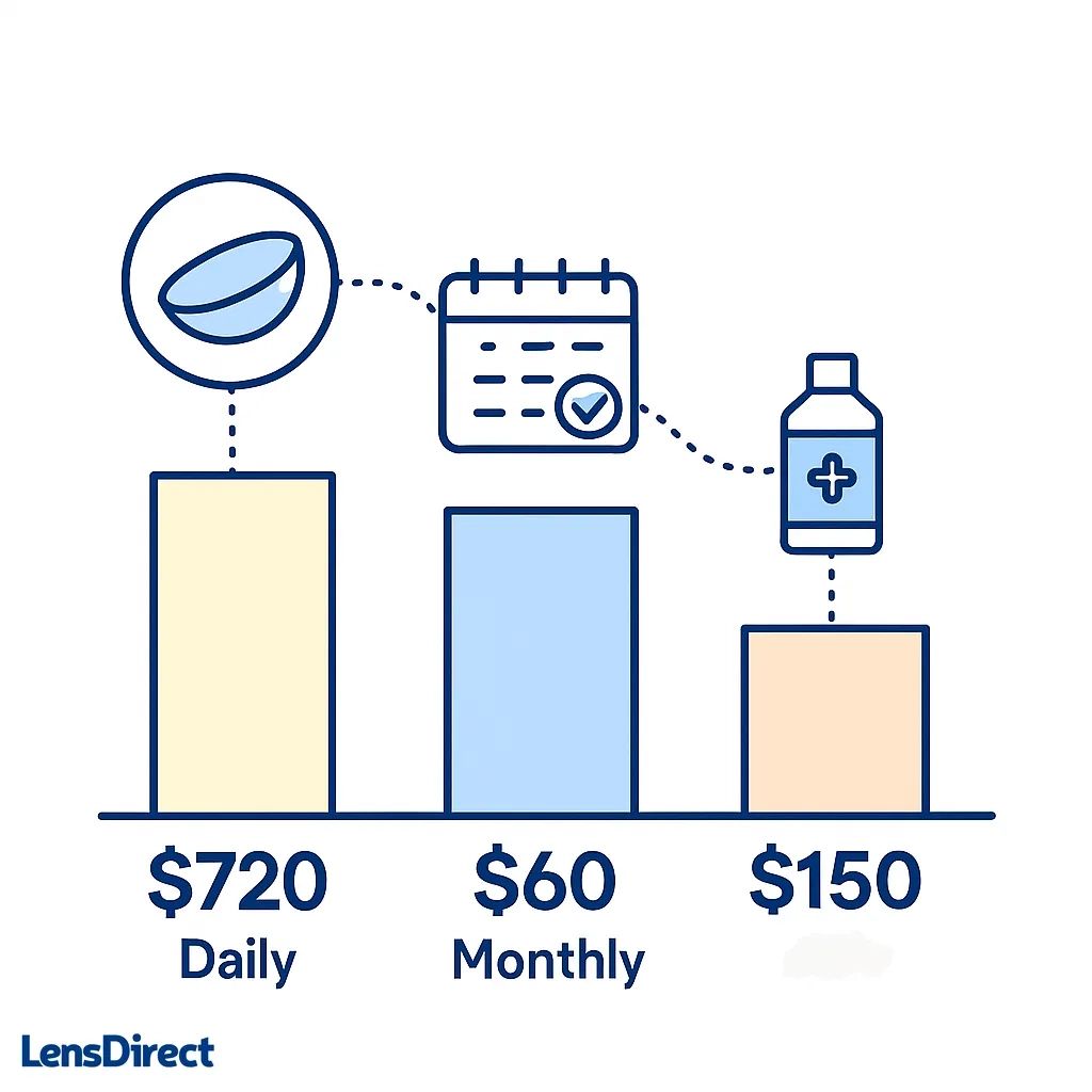 Bar chart compares annual costs of daily lenses, monthly lenses and cleaning solutions with dollar icons.