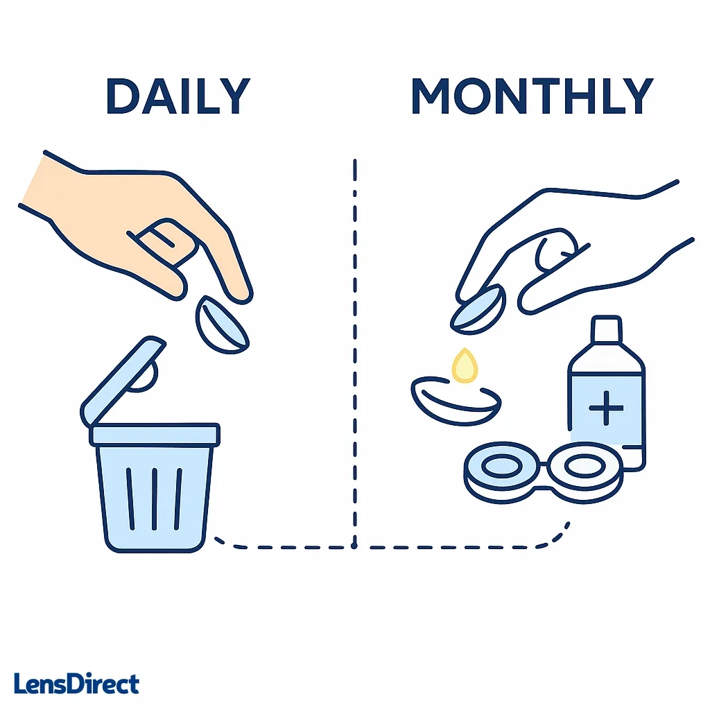 Infographic contrasts throwing away daily lenses with cleaning and storing monthly lenses using icons.