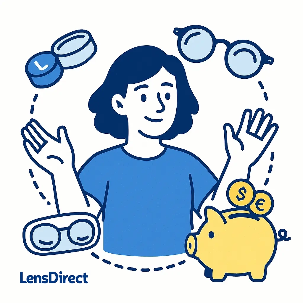 Illustration of a person juggling glasses, a contact lens case, and a piggy bank to symbolize maximizing HSA savings for eyewear and vision care.
