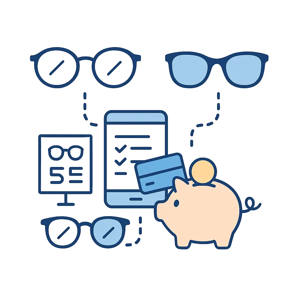 Illustration of regular glasses, backup glasses, and prescription sunglasses connected by dotted lines to a piggy bank to represent HSA savings for multiple eyewear.
