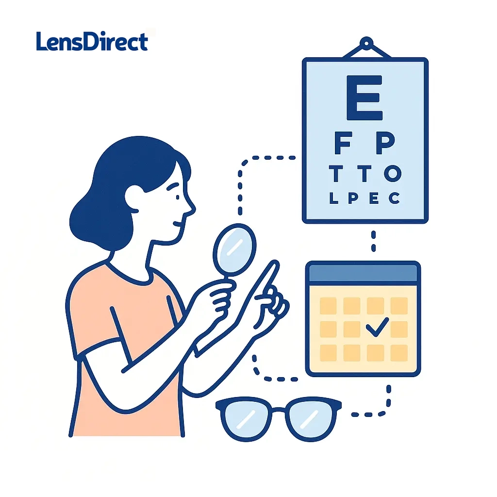 Line art of a person consulting an eye chart and marking a calendar with dotted lines connecting them, promoting current prescriptions.