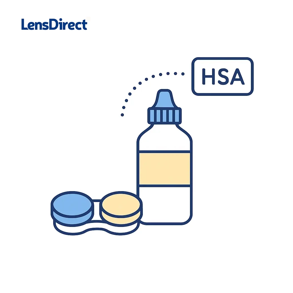 Minimalist illustration of a contact lens case and a bottle of cleaning solution connected by dotted lines to an HSA card, representing coverage.